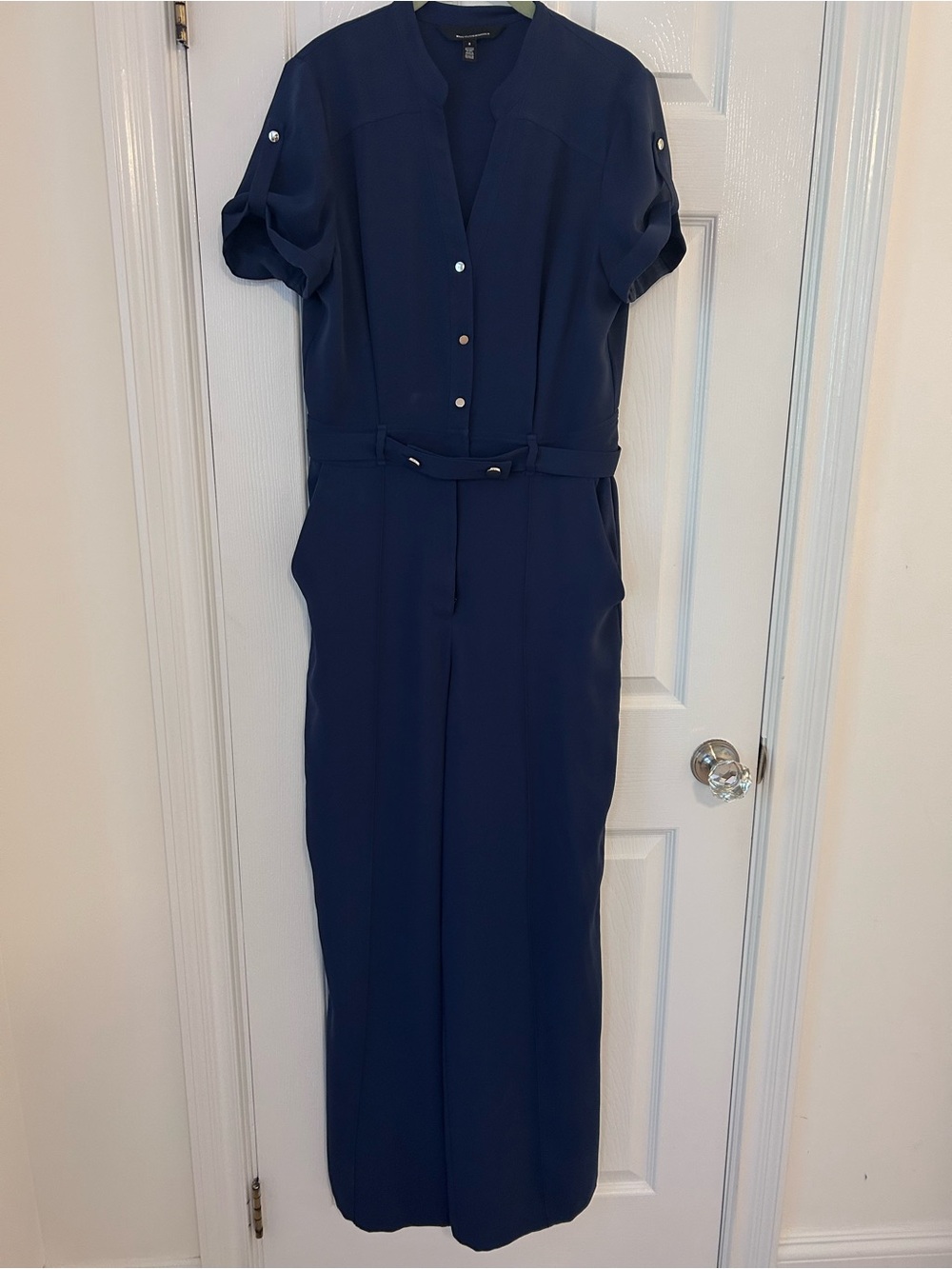 White House Black Market Navy Short-Sleeve Jumpsuit with Belt
